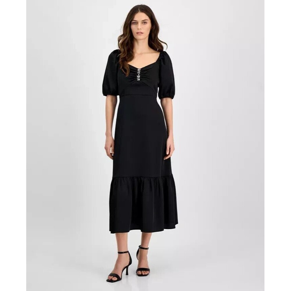 Anne Klein Women's Rhinestone Puff-Sleeve Elegant Midi Dress Deep Black 10